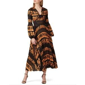 Patou Black Pleated Egyptian Print Dress sz 36 (6 small) Long Ankle Length Maxi